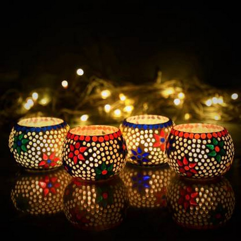 Craft India Set of 4 Mosaic Glass Decorative Tea Light Holder